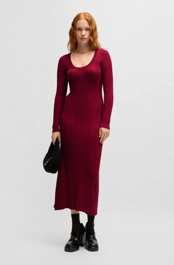 MULHER HUGO BOSS Vestidos E Macacões>Vestido De Comprimento Midi De Ajuste Slim Com Estrutura Canelada Irregular