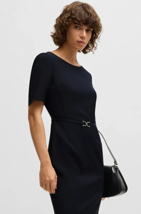 MULHER HUGO BOSS Vestidos E Macacões>Vestido De Lã Virgem Com Cinto Com Detalhe De Material